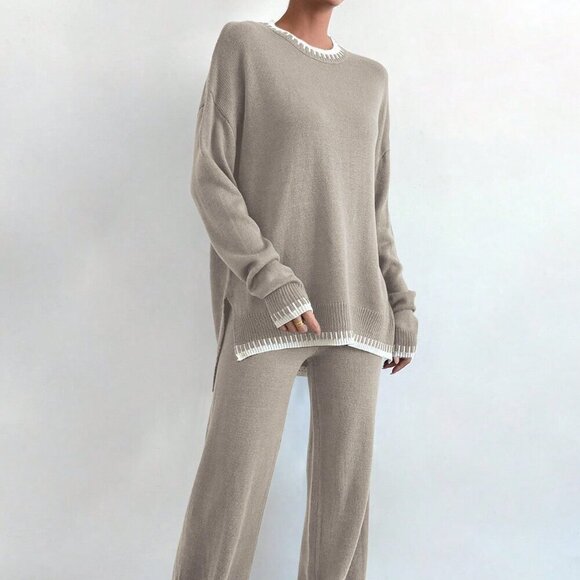 Multicolor Casual Women's Contrast Color Long Sleeve Sweater & Knitted Pants Set - Picture 4 of 6